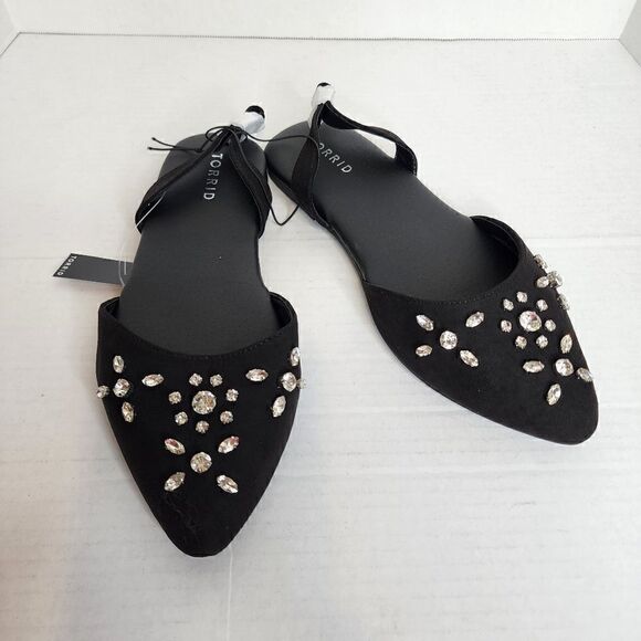 10.5W Torrid Black Embellished Slingback Flat Silver Faux Gem Sparkle Holiday - Picture 2 of 10